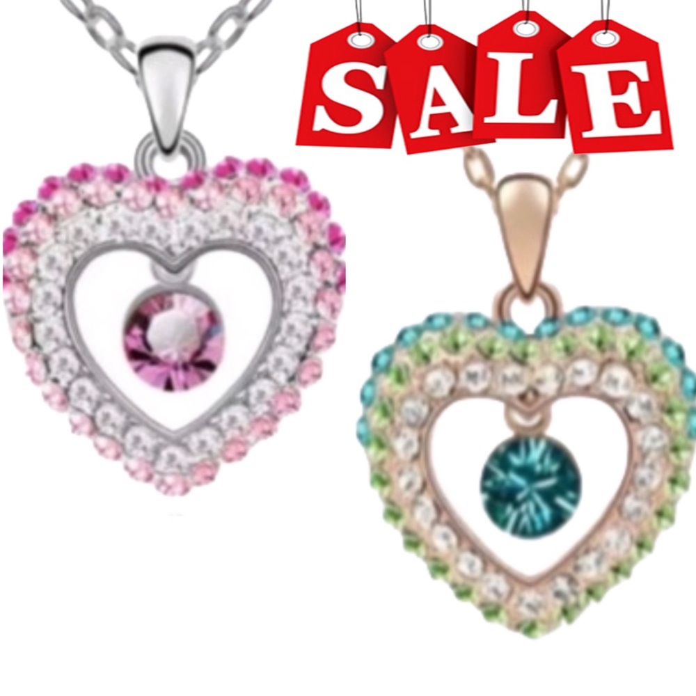 💎Lot Of 2 Heart Rhinestone Pendant Necklaces